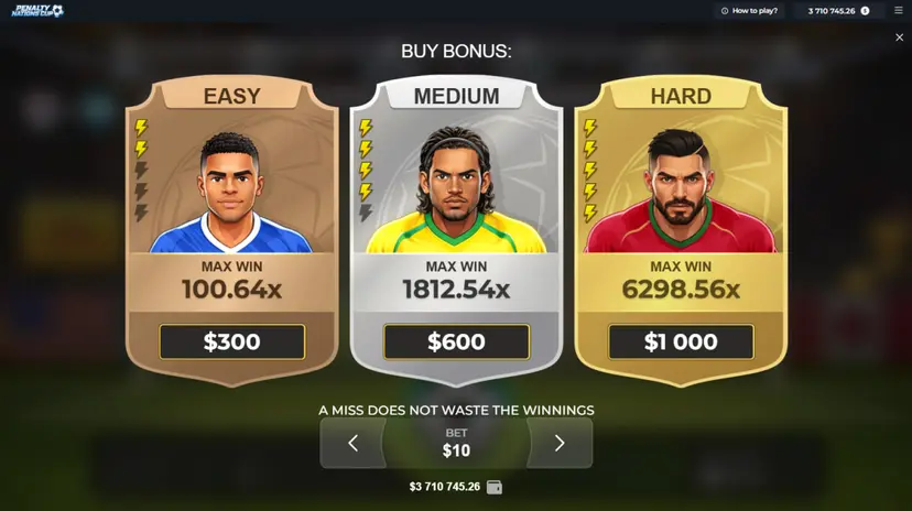 Schermata Bonus Buy di Penalty Nations Cup, livelli Easy, Medium e Hard