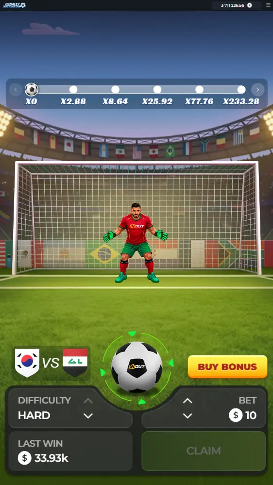 Penalty Nations Cup in verticale su smartphone, calcio di rigore con interfaccia touch